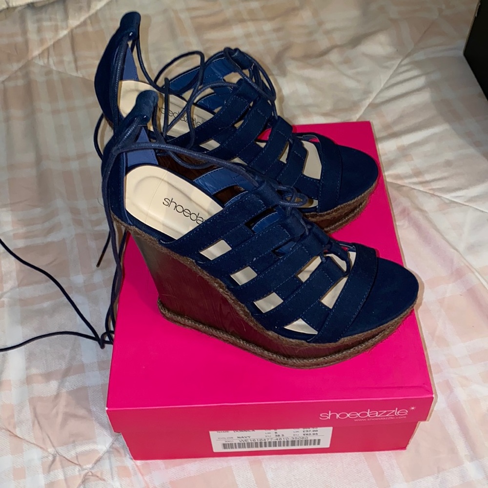 Navy lace up wedges size 8